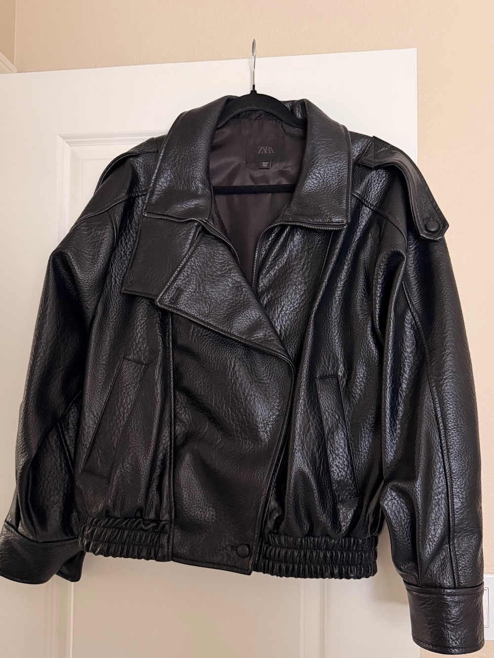 Zara Black Faux Leather Cropped Bomber Jacket